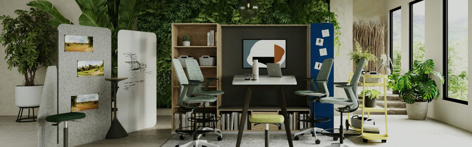 Modern collaborative working space integrating technology and biophilic design