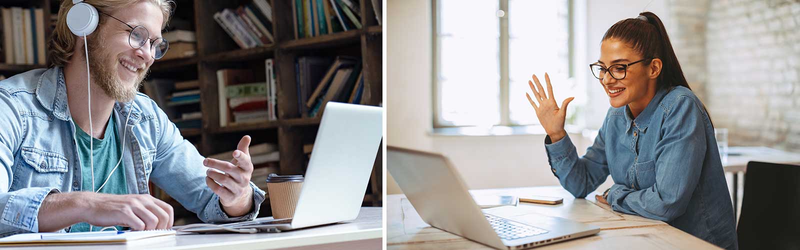 Split screen of a man on a laptop and a woman on a laptop on a video call together