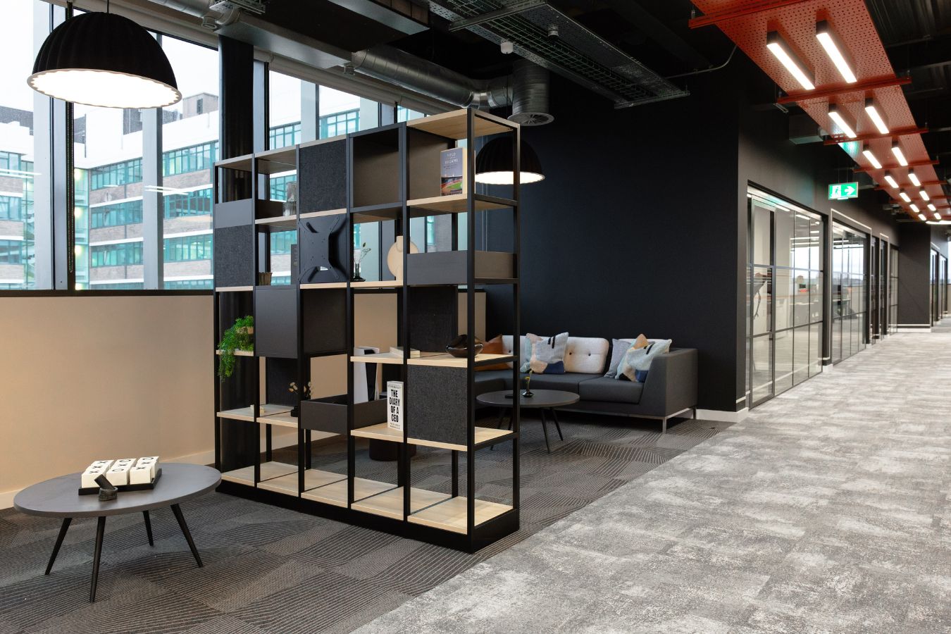 Agile working environments including breakout seating and modern conference rooms in SportFive -Manchester's new refurbishment done by Penketh Group