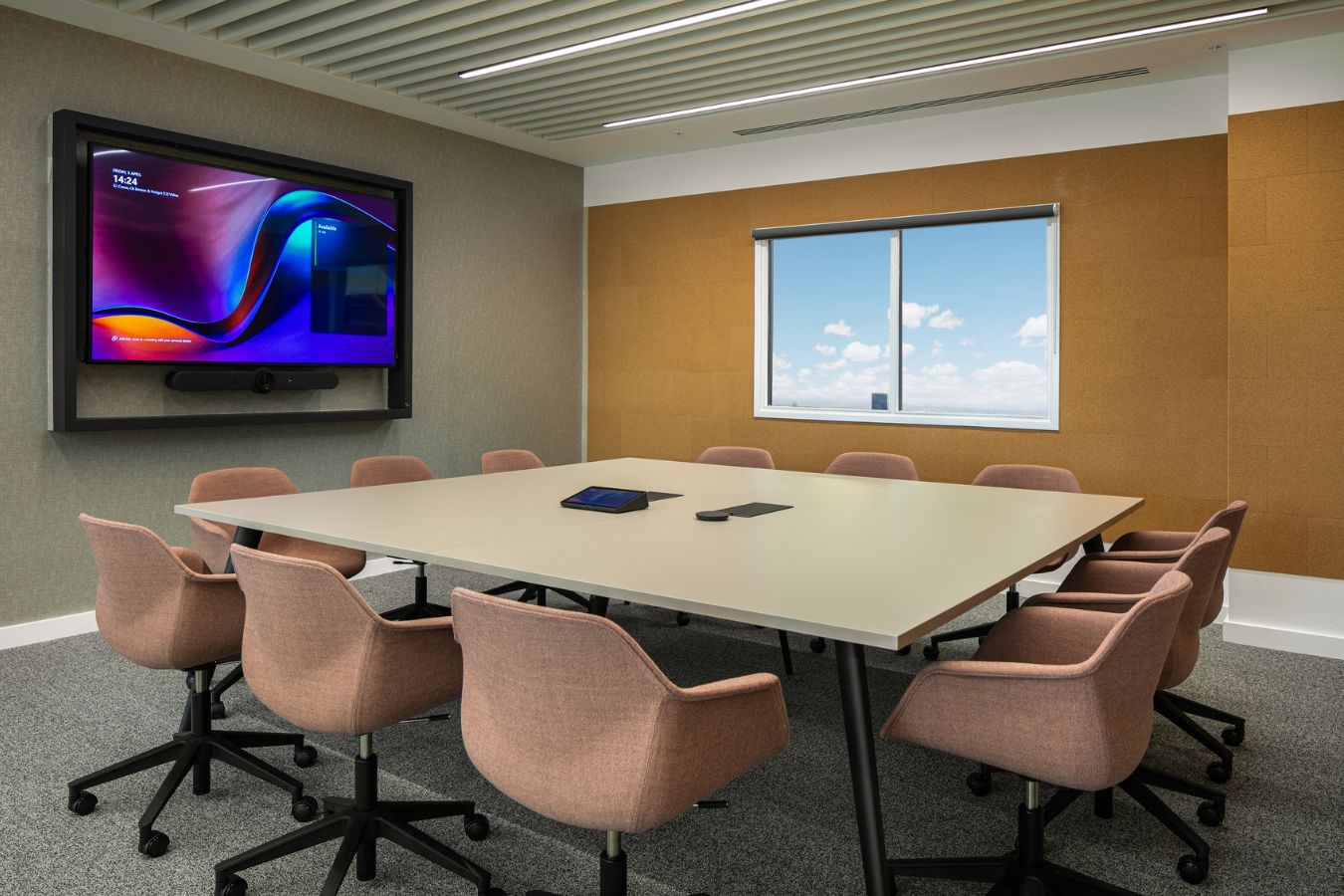 Well lit conference room with modern technology