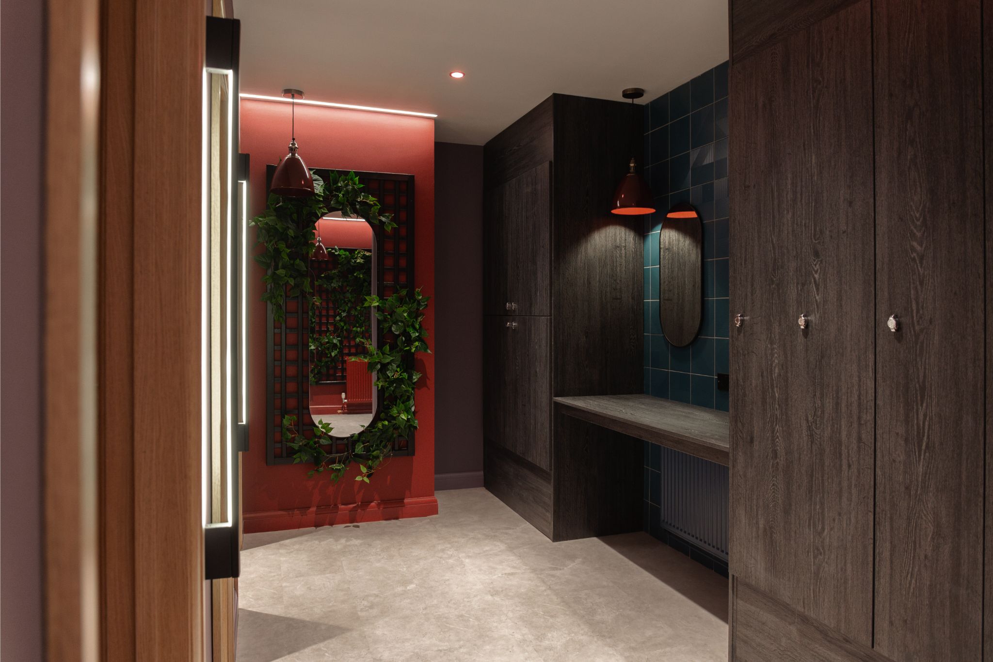 Modern changing rooms with biophilic design rustic furniture and atmospheric lighting